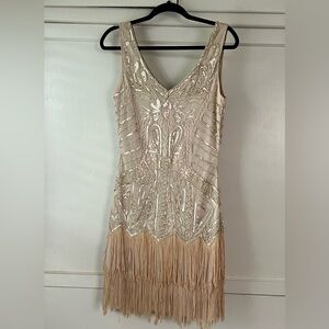 Babeyond Floral Beaded Flapper Dress (S) pale champagne
